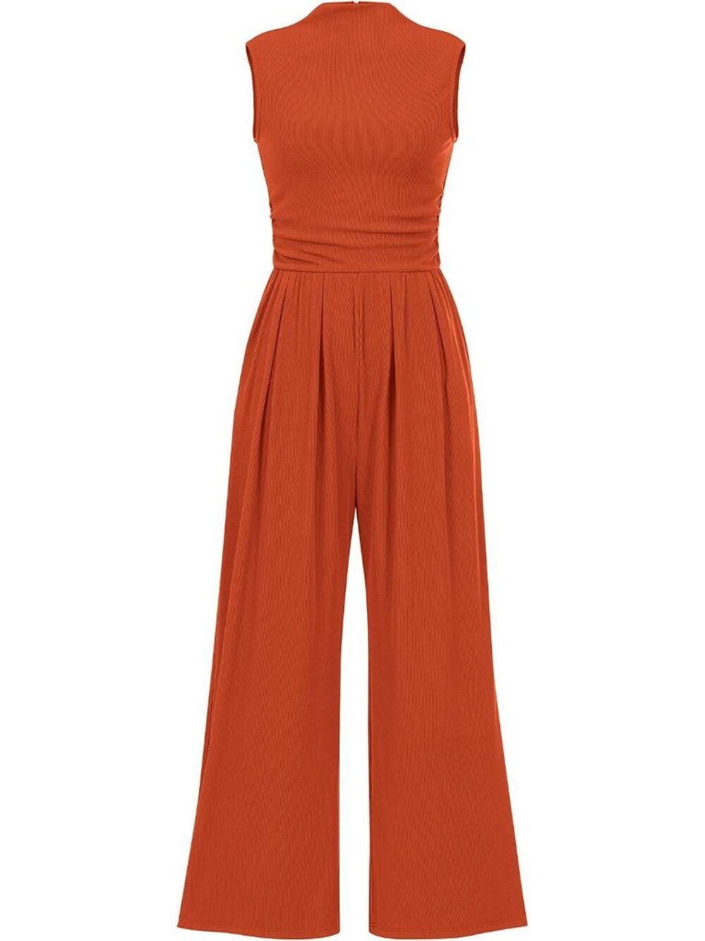 Women's Brick Red Jumpsuits Sleeveless Mock Neck Wide Leg Rompers Ribbed Cozy